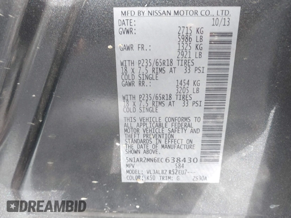 2014 Nissan Pathfinder S with VIN 5N1AR2MN6EC638430, listed as a IAAI auction lot 42326218 with 157,453 mi miles and . Bid and sale history available at DreamBid. Image 9.
