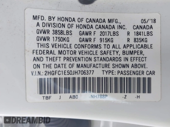 2018 Honda Civic Si with VIN 2HGFC1E50JH706377, listed as a IAAI auction lot 41384413 with 76,115 mi miles and . Bid and sale history available at DreamBid. Image 9.