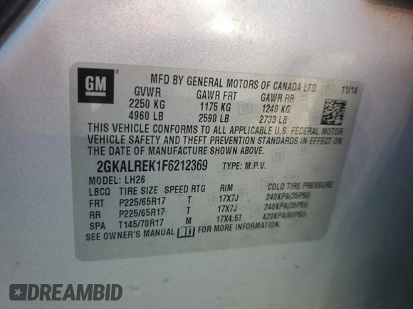 2015 GMC Terrain SLE with VIN 2GKALREK1F6212369, listed as a Copart auction lot 63395125 with Not provided miles and Clean title. Bid and sale history available at DreamBid. Image 13.