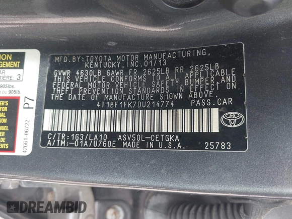 2013 Toyota Camry L with VIN 4T1BF1FK7DU214774, listed as a IAAI auction lot 42121841 with 274,430 mi miles. Bid and sale history available at carsss.com. Image 9.