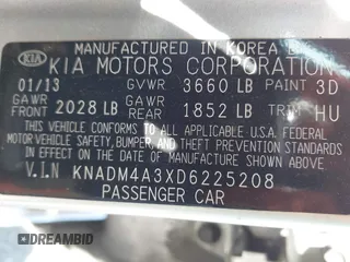 2013 Kia Rio LX z VIN KNADM4A3XD6225208, wystawiony jako IAAI lot #42477099 z przebiegiem 111 996 mil mil oraz . Historia ofert i sprzedaży dostępna na DreamBid. Obrazek 9.