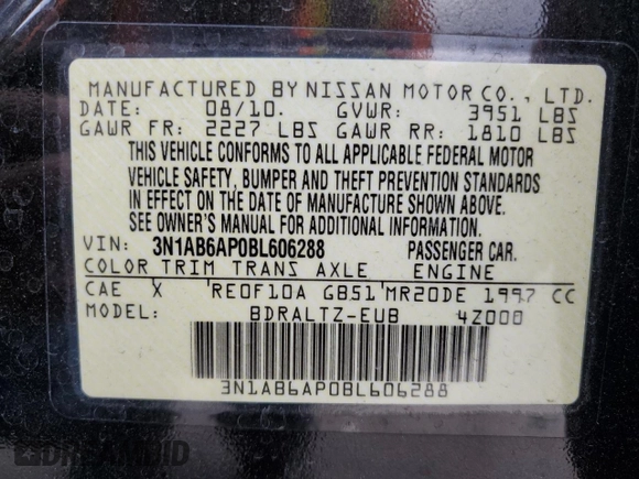 2011 Nissan Sentra SL with VIN 3N1AB6AP0BL606288, listed as a Copart auction lot 86264604 with 149,476 mi miles and Salvage Title. Bid and sale history available at DreamBid. Image 13.