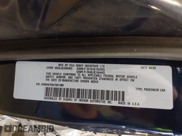 2004 Subaru Legacy Outback с VIN 4S3BH675547601388, выставлен на аукционе IAAI как лот 41829457 с пробегом 227 726 миль миль и . История ставок и продаж доступна на DreamBid. Изображение 9.