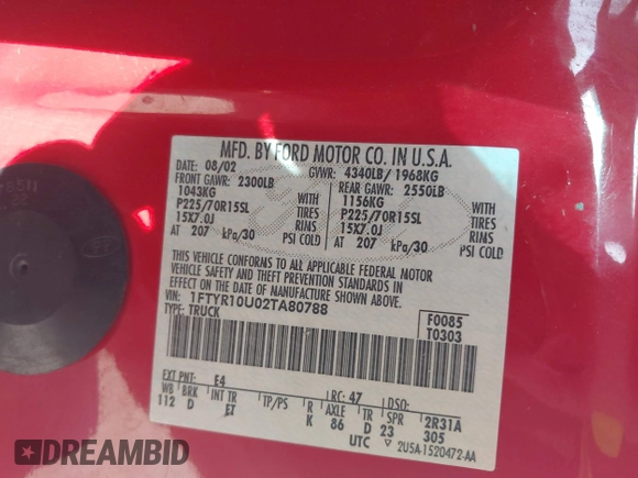 2002 Ford Ranger XL with VIN 1FTYR10U02TA80788, listed as a IAAI auction lot 42282074 with 186,347 mi miles and . Bid and sale history available at DreamBid. Image 9.