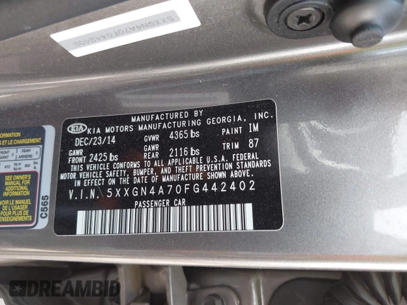 2015 Kia Optima EX with VIN 5XXGN4A70FG442402, listed as a IAAI auction lot 42260968 with 94,512 mi miles and . Bid and sale history available at DreamBid. Image 9.