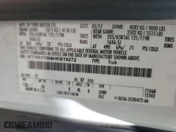 2017 Ford Transit с VIN 1FTYR1YM4HKB19272, выставлен на аукционе IAAI как лот 42740678 с пробегом 91 109 миль миль и . История ставок и продаж доступна на DreamBid. Изображение 6.
