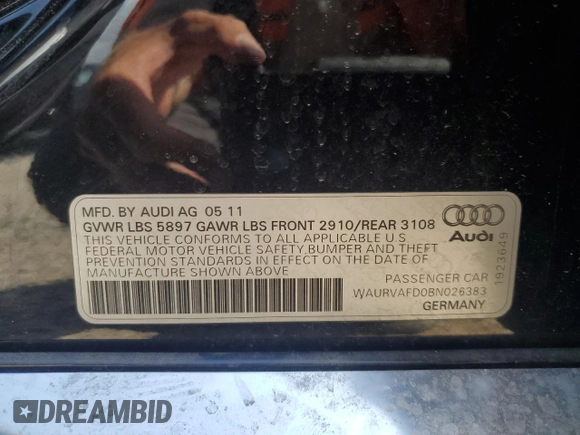 2011 Audi A8 with VIN WAURVAFD0BN026383, listed as a Copart auction lot 59854115 with 141,158 mi miles and Clean title. Bid and sale history available at DreamBid. Image 12.