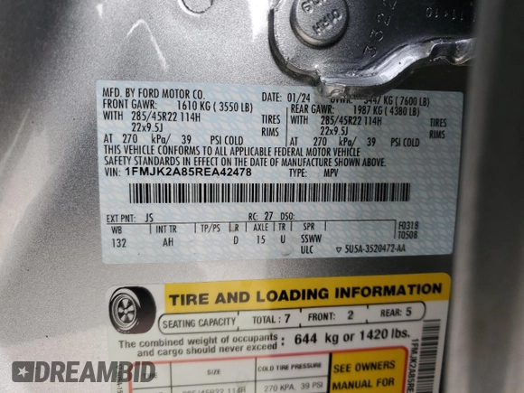 2024 Ford Expedition Max Limited with VIN 1FMJK2A85REA42478, listed as a Copart auction lot 45839125 with Not provided miles and Salvage title. Bid and sale history available at DreamBid. Image 13.