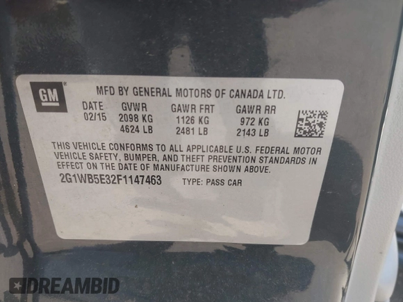 2015 Chevrolet Impala LT with VIN 2G1WB5E32F1147463, listed as a IAAI auction lot 42306010 with 87,941 mi miles and . Bid and sale history available at DreamBid. Image 9.