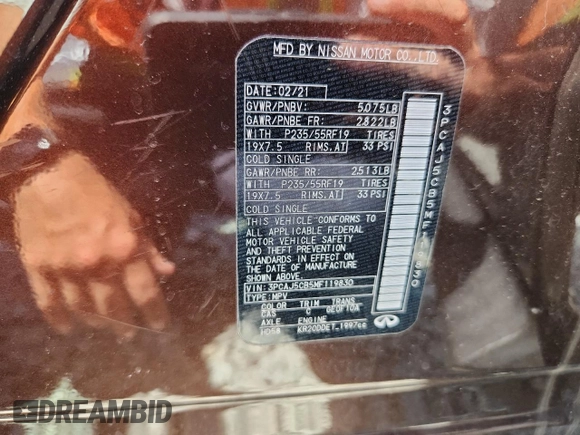 2021 Infiniti QX50 Essential with VIN 3PCAJ5CB5MF119830, listed as a Copart auction lot 61600225 with 55,469 mi miles and Salvage title. Bid and sale history available at DreamBid. Image 13.
