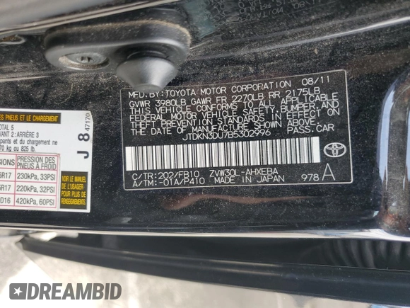 2011 Toyota Prius I with VIN JTDKN3DU7B5302996, listed as a Copart auction lot 54014715 with 122,230 mi miles and Clean Title. Bid and sale history available at carsss.com. Image 12.