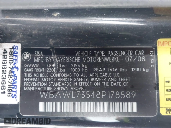 2008 BMW 3 Series 335i with VIN WBAWL73548P178589, listed as a IAAI auction lot 41873183 with Not Provided miles and . Bid and sale history available at carsss.com. Image 9.