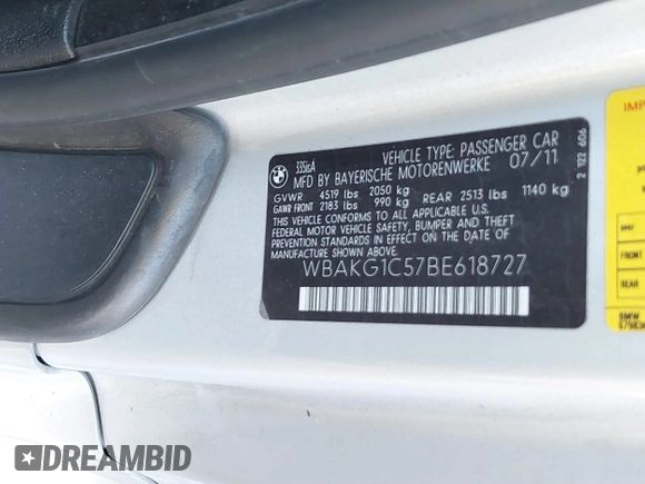 2011 BMW 3 Series 335is with VIN WBAKG1C57BE618727, listed as a IAAI auction lot 41234102 with 154,007 mi miles and . Bid and sale history available at carsss.com. Image 9.