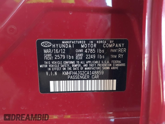 2012 Hyundai Azera with VIN KMHFH4JG2CA148859, listed as a IAAI auction lot 41850242 with 105,272 mi miles. Bid and sale history available at carsss.com. Image 9.