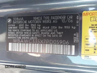 2007 BMW 3 Series 328xi with VIN WBAWC335X7PD05906, listed as a IAAI auction lot 41900018 with 92,848 mi miles and . Bid and sale history available at DreamBid. Image 9.