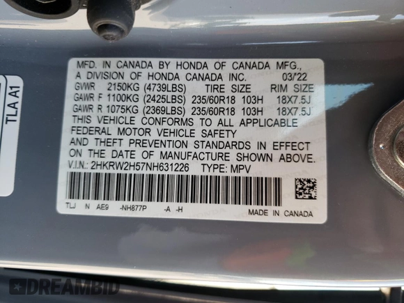 2022 Honda CR-V EX with VIN 2HKRW2H57NH631226, listed as a Copart auction lot 58745802 with 15,831 mi miles. Bid and sale history available at carsss.com. Image 10.