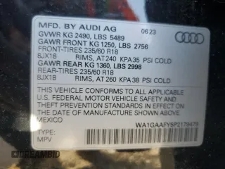 2023 Audi Q5 S line Premium with VIN WA1GAAFY5P2179479, listed as a Copart auction lot 84215854 with 589 mi miles and Clean Title. Bid and sale history available at carsss.com. Image 14.