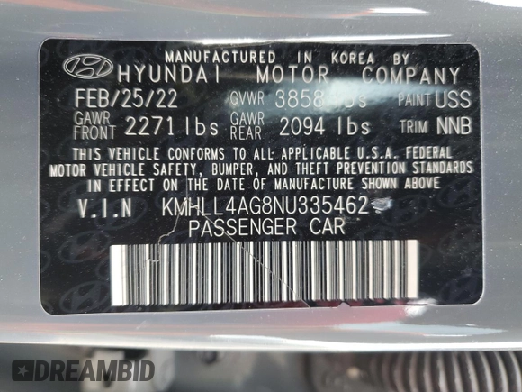 2022 Hyundai Elantra SE with VIN KMHLL4AG8NU335462, listed as a Copart auction lot 45888485 with 41,046 mi miles and Salvage Title. Bid and sale history available at DreamBid. Image 14.