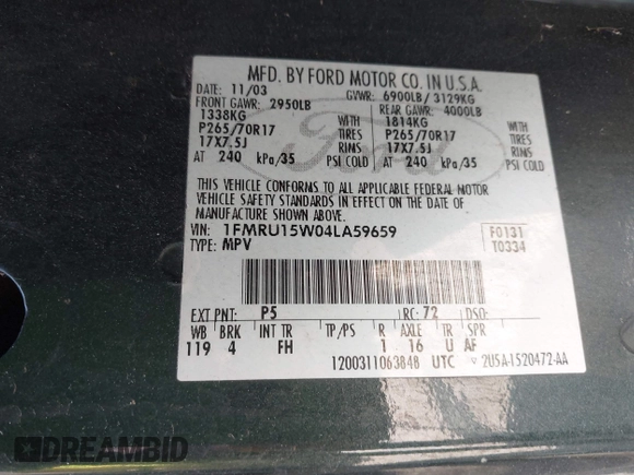 2004 Ford Expedition Special Service z VIN 1FMRU15W04LA59659, wystawiony jako IAAI lot #42249488 z przebiegiem 262 333 mil mil oraz . Historia ofert i sprzedaży dostępna na DreamBid. Obrazek 9.