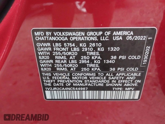 2022 Volkswagen Atlas SE с VIN 1V2JR2CA4NC544967, выставлен на аукционе IAAI как лот 42382847 с пробегом 53 315 миль миль и . История ставок и продаж доступна на DreamBid. Изображение 9.