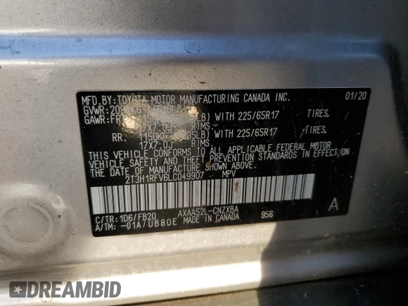 2020 Toyota RAV4 LE with VIN 2T3H1RFV6LC049907, listed as a Copart auction lot 50608605 with 45,296 mi miles and Salvage Title. Bid and sale history available at carsss.com. Image 14.