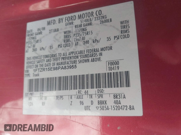 2008 Ford Ranger XL with VIN 1FTZR15E98PA83955, listed as a IAAI auction lot 42053858 with 215,499 mi miles and . Bid and sale history available at DreamBid. Image 9.