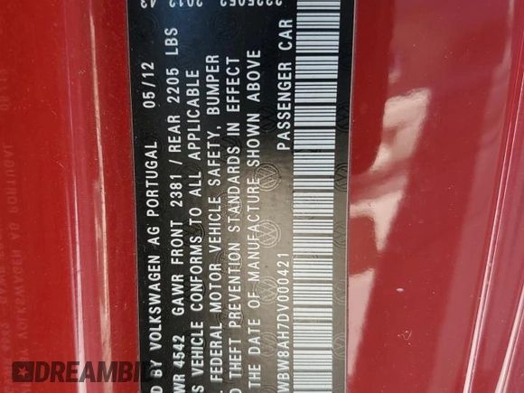 2013 Volkswagen Eos Komfort with VIN WVWBW8AH7DV000421, listed as a Copart auction lot 51988795 with 102,155 mi miles and Salvage Title. Bid and sale history available at DreamBid. Image 13.