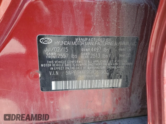 2016 Hyundai Sonata Sport with VIN 5NPE34AF9GH261907, listed as a Copart auction lot 52534385 with 100,644 mi miles and Salvage Title. Bid and sale history available at DreamBid. Image 14.