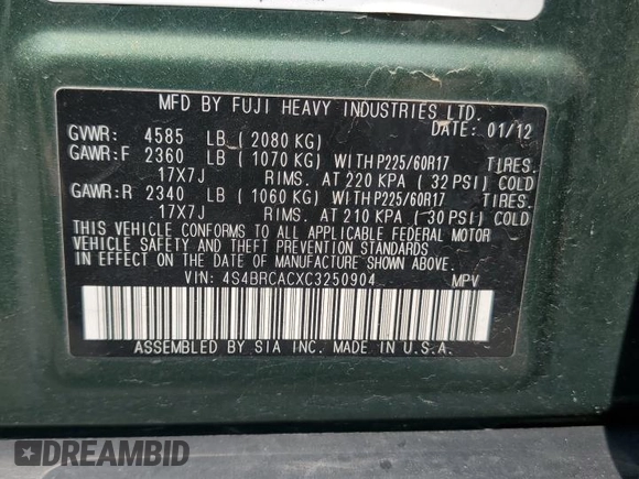 2012 Subaru Outback 2.5i with VIN 4S4BRCACXC3250904, listed as a Copart auction lot 59525945 with 169,944 mi miles and Salvage title. Bid and sale history available at DreamBid. Image 13.