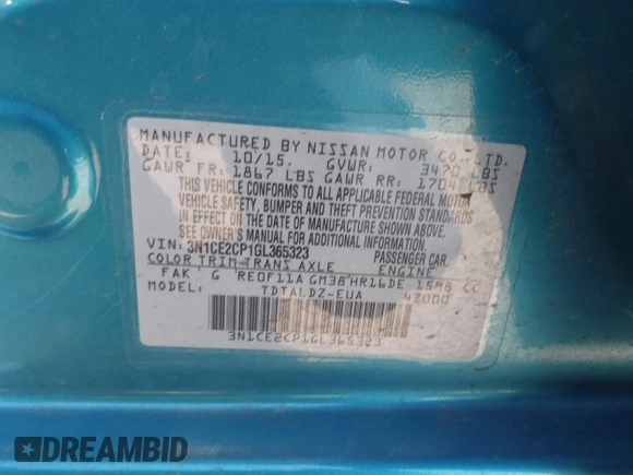 2016 Nissan Note S Plus with VIN 3N1CE2CP1GL365323, listed as a IAAI auction lot 41829121 with 75,414 mi miles and . Bid and sale history available at DreamBid. Image 9.