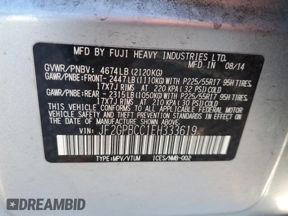 2014 Subaru Crosstrek with VIN JF2GPBCC1EH333619, listed as a Copart auction lot 85574224 with 150,652 mi miles and Salvage title. Bid and sale history available at DreamBid. Image 12.