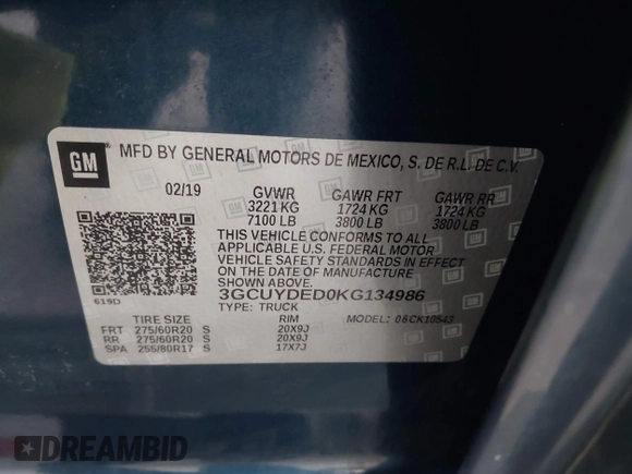 2019 Chevrolet Silverado 1500 LT with VIN 3GCUYDED0KG134986, listed as a IAAI auction lot 40829041 with Not Provided miles. Bid and sale history available at carsss.com. Image 9.
