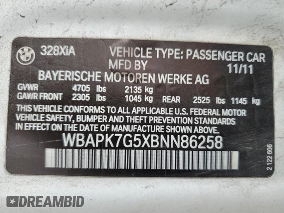 2011 BMW 3 Series 328i xDrive with VIN WBAPK7G5XBNN86258, listed as a Copart auction lot 61224485 with 202,186 mi miles and Salvage title. Bid and sale history available at DreamBid. Image 12.