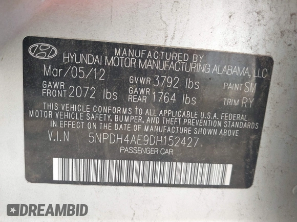 2013 Hyundai Elantra Limited with VIN 5NPDH4AE9DH152427, listed as a IAAI auction lot 40043156 with 130,024 mi miles and . Bid and sale history available at DreamBid. Image 9.