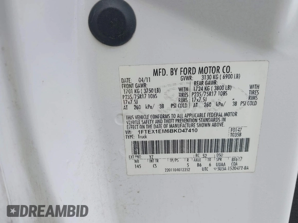 2011 Ford F-150 XL with VIN 1FTEX1EM6BKD47410, listed as a IAAI auction lot 41575535 with 372,634 mi miles and . Bid and sale history available at carsss.com. Image 8.