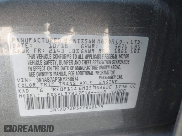 2019 Nissan Sentra S with VIN 3N1AB7AP5KY258674, listed as a IAAI auction lot 41713278 with 87,850 mi miles and . Bid and sale history available at DreamBid. Image 9.