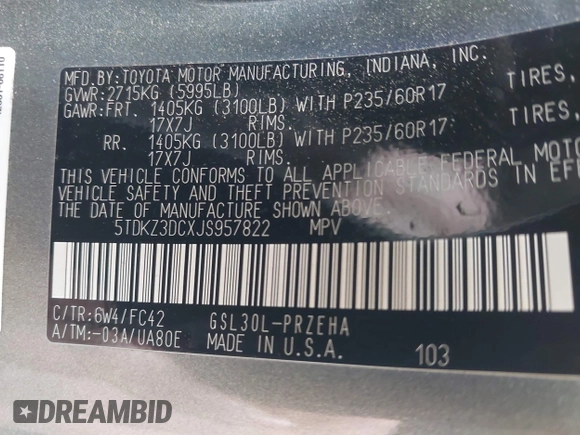 2018 Toyota Sienna LE Auto Access Seat с VIN 5TDKZ3DCXJS957822, выставлен на аукционе IAAI как лот 42367863 с пробегом 75 237 миль миль и . История ставок и продаж доступна на DreamBid. Изображение 9.
