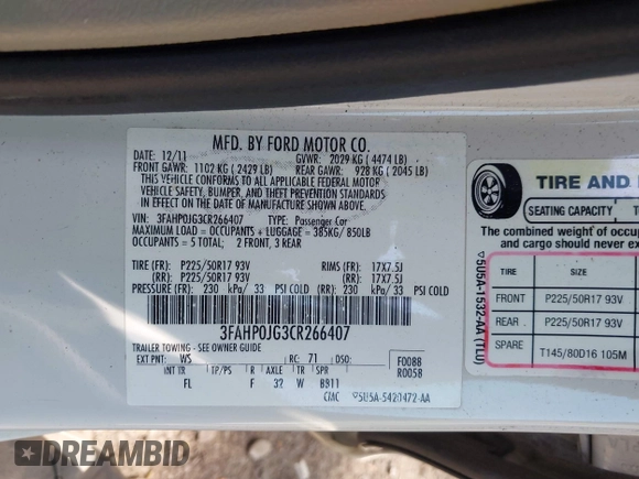 2012 Ford Fusion SEL with VIN 3FAHP0JG3CR266407, listed as a IAAI auction lot 42065260 with 181,315 mi miles and . Bid and sale history available at carsss.com. Image 9.