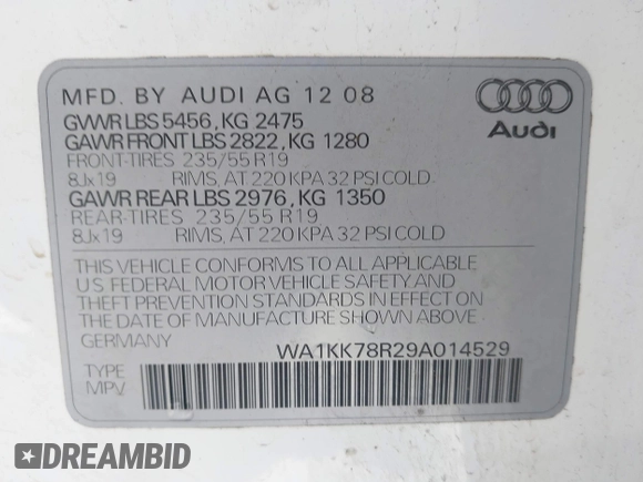 2009 Audi Q5 Premium Plus z VIN WA1KK78R29A014529, wystawiony jako IAAI lot #41948729 z przebiegiem 189 682 mil mil oraz . Historia ofert i sprzedaży dostępna na DreamBid. Obrazek 9.
