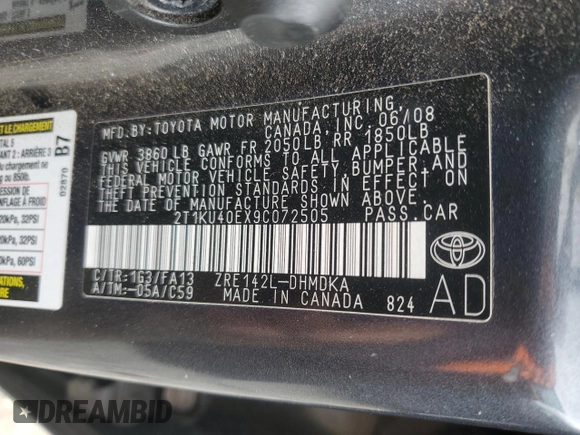 2009 Toyota Matrix with VIN 2T1KU40EX9C072505, listed as a Copart auction lot 51423495 with Not Provided miles and Clean Title. Bid and sale history available at carsss.com. Image 12.