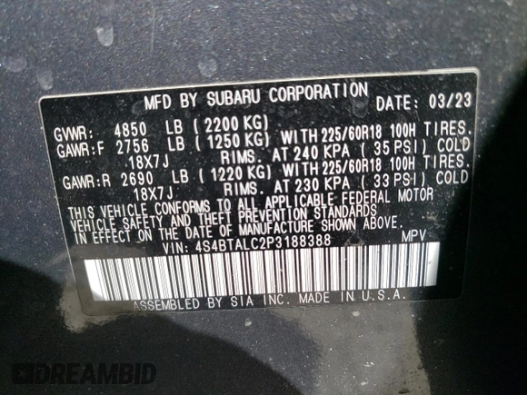 2023 Subaru Outback Onyx with VIN 4S4BTALC2P3188388, listed as a Copart auction lot 50764705 with 22,925 mi miles and Salvage title. Bid and sale history available at DreamBid. Image 13.