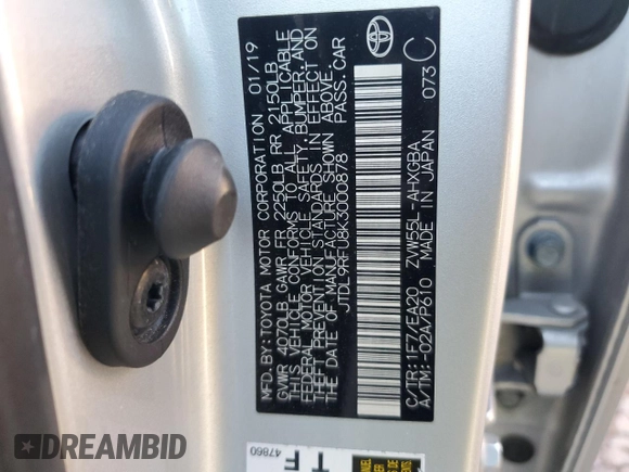 2019 Toyota Prius LE z VIN JTDL9RFU8K3000878, wystawiony jako Copart lot #49910575 z przebiegiem 169 918 mil mil oraz Szkoda całkowita • Salvage title. Historia ofert i sprzedaży dostępna na DreamBid. Obrazek 14.