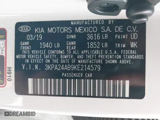 2019 Kia Rio S with VIN 3KPA24AB9KE214579, listed as a IAAI auction lot 41764485 with 82,231 mi miles. Bid and sale history available at carsss.com. Image 9.