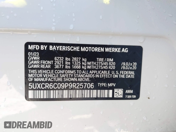 2023 BMW X5 xDrive40i with VIN 5UXCR6C09P9R25706, listed as a IAAI auction lot 42446957 with 34,004 mi miles and . Bid and sale history available at DreamBid. Image 9.