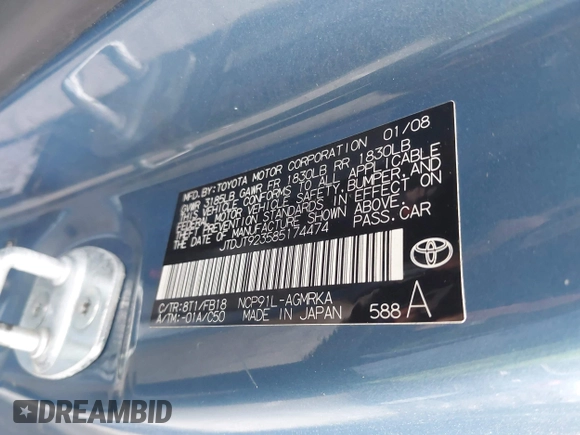 2008 Toyota Yaris with VIN JTDJT923585174474, listed as a IAAI auction lot 42025174 with 126,500 mi miles. Bid and sale history available at carsss.com. Image 9.