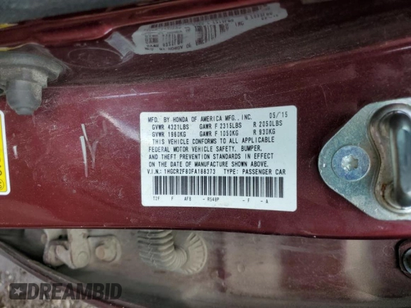 2015 Honda Accord EX-L with VIN 1HGCR2F80FA188373, listed as a Copart auction lot 55404475 with 130,961 mi miles and Salvage title. Bid and sale history available at DreamBid. Image 13.