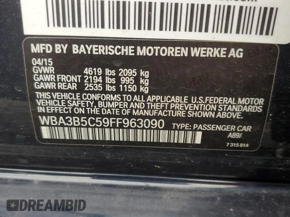 2015 BMW 3 Series 328i xDrive with VIN WBA3B5C59FF963090, listed as a Copart auction lot 62579735 with 53,400 mi miles and Salvage title. Bid and sale history available at DreamBid. Image 12.
