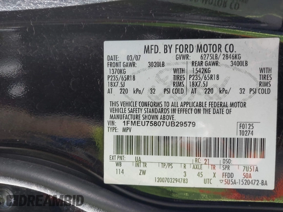 2007 Ford Explorer Limited с VIN 1FMEU75807UB29579, выставлен на аукционе IAAI как лот 41670362 с пробегом 169 322 миль миль и . История ставок и продаж доступна на DreamBid. Изображение 9.
