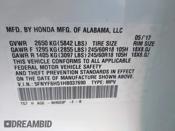 2017 Honda Pilot EX-L with VIN 5FNYF6H51HB037690, listed as a IAAI auction lot 41976359 with 126,055 mi miles and . Bid and sale history available at DreamBid. Image 9.