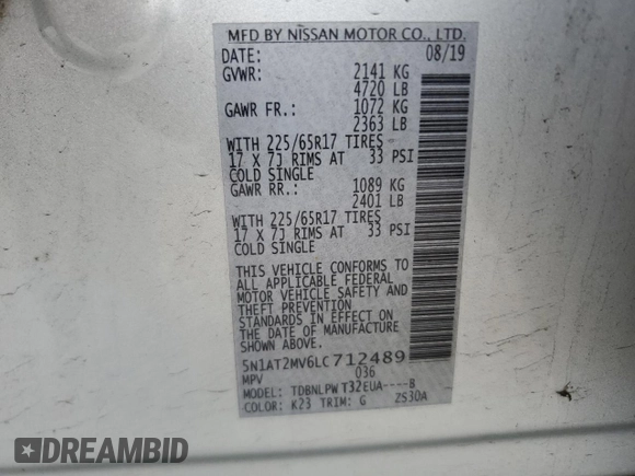 2020 Nissan Rogue S with VIN 5N1AT2MV6LC712489, listed as a Copart auction lot 54721915 with 74,681 mi miles and Salvage Title. Bid and sale history available at carsss.com. Image 14.